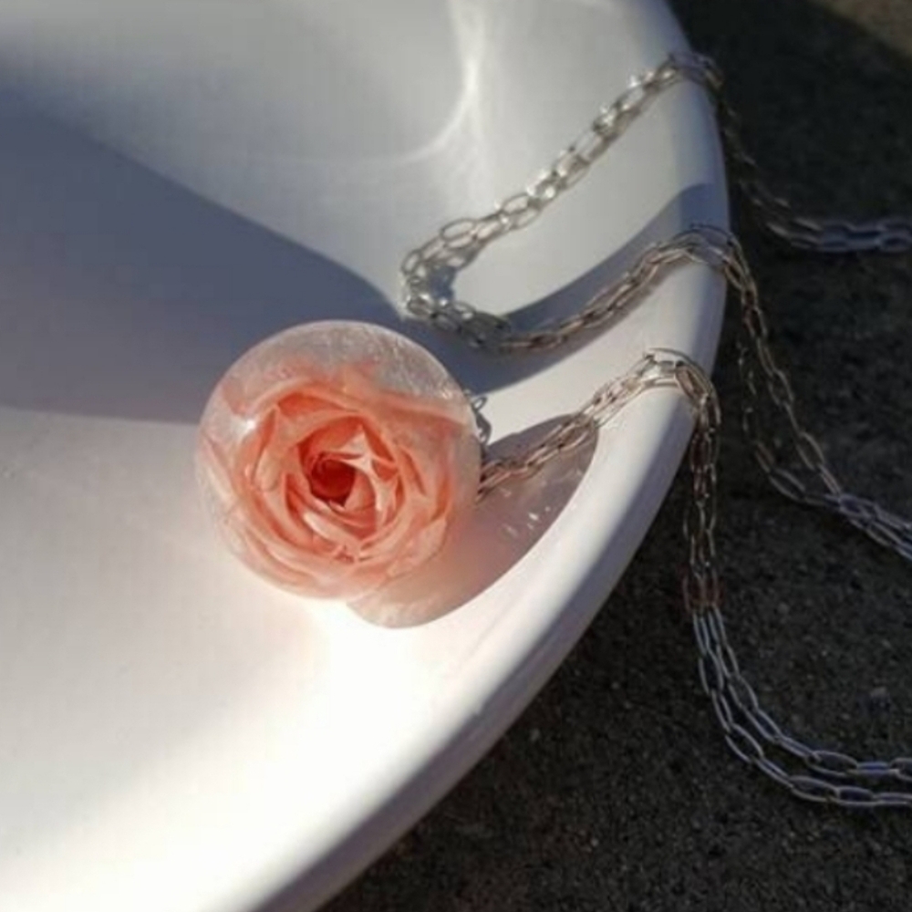 Peach / orange rose flower petals pendant orb necklace in resin